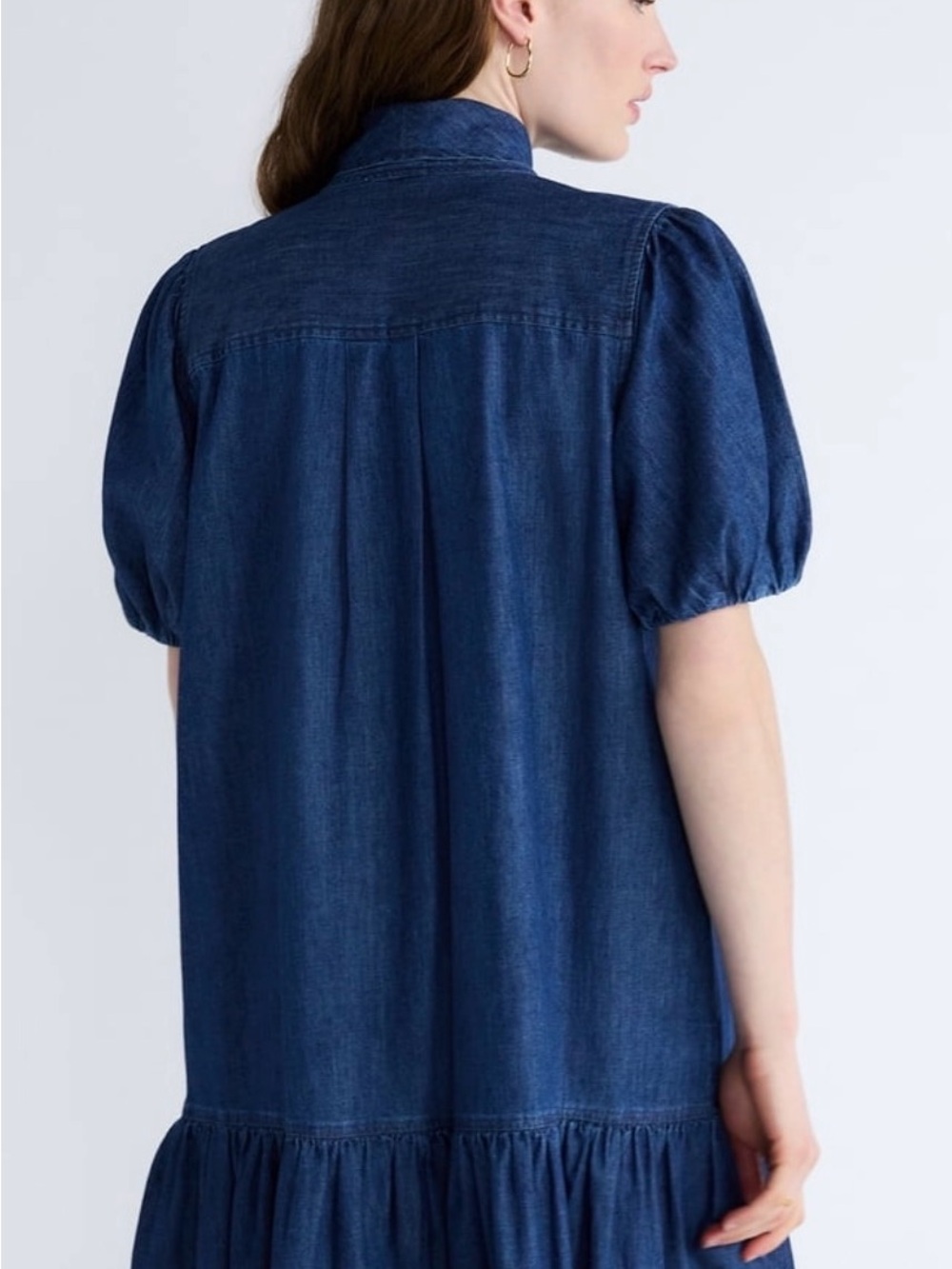 Tie-Neck Puff Sleeve Denim Dress - Dark Blue - Picture 2 of 4